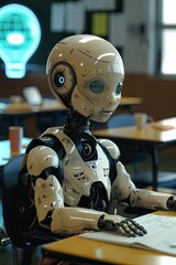 Fototapeta premium Futuristic Classroom Robot Taking Notes