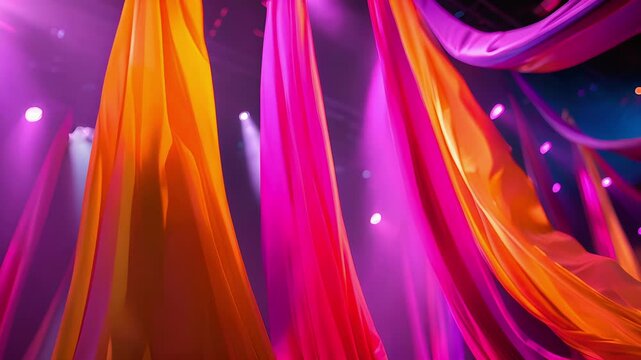 Bold and dramatic the vibrant fabric materials are propelled to incredible heights by the force of the wind on the stage.