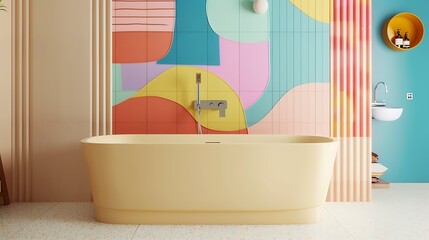 A vibrant, colorful bathroom with a beige tub and a mockup wall displaying a fun, abstract art...