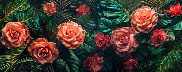 Fototapeta premium Pink Roses and Lush Green Foliage
