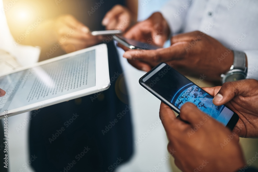 Poster Technology, connection and hands of people in circle for data sharing, meeting or collaboration with business. Phone, tablet screen and team at digital agency with networking, research or mobile app