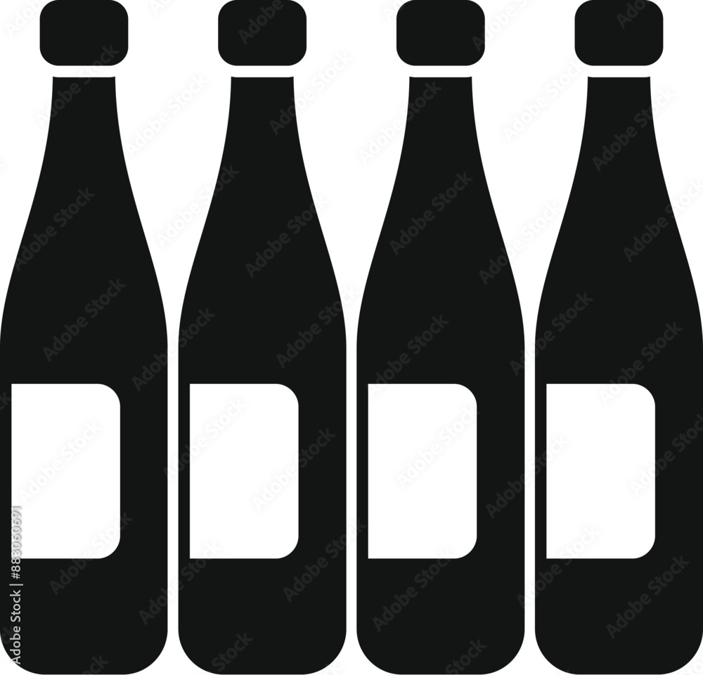 Poster four identical bottles standing in a row with blank labels, potentially containing wine or other bev
