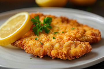 Fototapeta premium Austrian Wiener schnitzel, thin, breaded veal cutlet that is pan-fried until golden brown and crispy