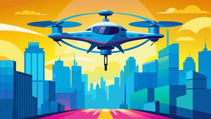 futuristic roto passenger drone flying in the sky over city for future air transportation and robotaxi concept with copy space area