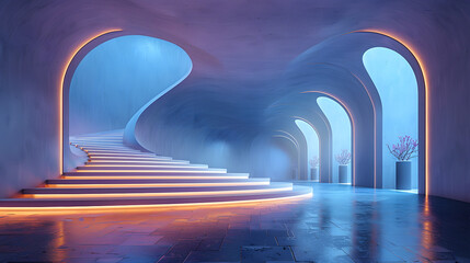 Futuristic interior with arched design, illuminated stairway, and soft blue lighting creating a surreal, modern atmosphere.