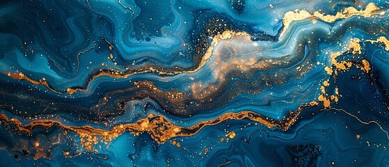 Fototapeta premium Abstract blue and gold swirling paint texture.
