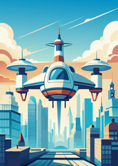 Naklejka premium futuristic roto passenger drone flying in the sky over city for future air transportation and robotaxi concept with copy space area
