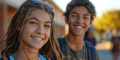 Fototapeta premium mixed race teen Students walking to school together, looking to camera. ai generated