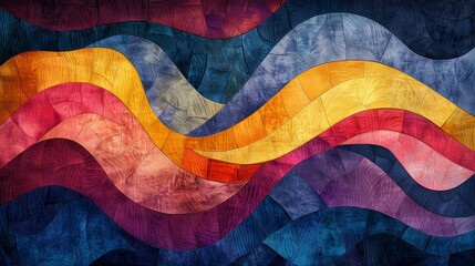 A vibrant patchwork quilt featuring wavy, multicolored patterns and diverse fabric textures, showcasing intricate craftsmanship and artistic design.