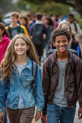 mixed race teen Students walking to school together, looking to camera. ai generated