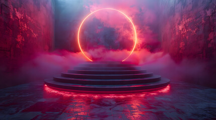 Mystical glowing red circle above stepped platform amidst fog and walls, evoking a magical fantasy or sci-fi atmosphere.