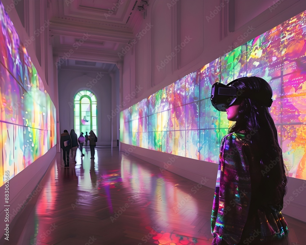 Poster captivating ai driven virtual reality art experience in vibrant digital gallery