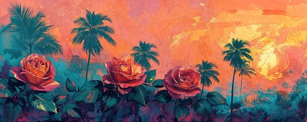 Pink Roses and Palm Trees at Sunset