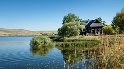 Obraz premium The House by the Lake in the Steppe