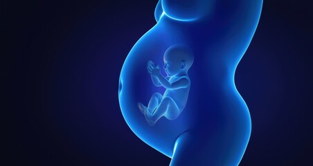 Naklejka premium A digital illustration blue human belly with baby inside set against blue background fetus concept