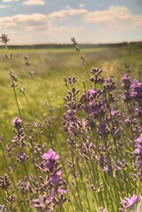 Close-up of purple lavender flowers in rich green foliage. Flowers in the style of Provence