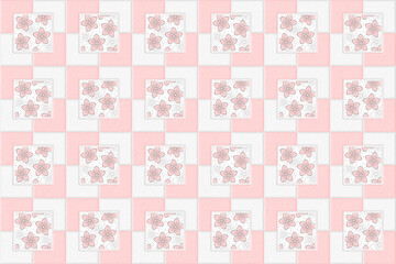 Light grey and pink square tile background with spring flowers. Ceramic tiles. Elegant endless texture with floral decor. Vector seamless pattern for surface texture, cover, rug, floor or kitchen wall