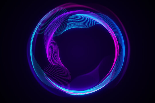 Abstract digital neon waves forming a circular pattern on a dark blue background, illustrating a concept of tech elegance. 3D Rendering