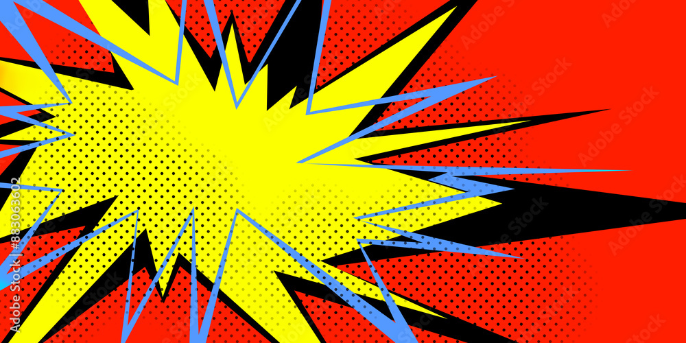 Poster an explosive pop art style illustration on a dotted red background, presenting a dynamic yellow cent
