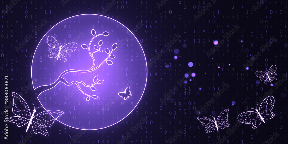 Aufkleber Digital art of a glowing tree with butterflies, set against a dark backdrop filled with binary code, for a technology concept. 3D Rendering