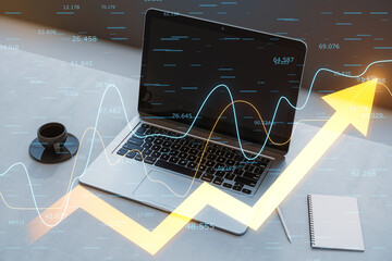 Laptop on a desk with coffee cup, overlaid with financial growth graphs, concept of business analysis on a soft light background. 3D Rendering
