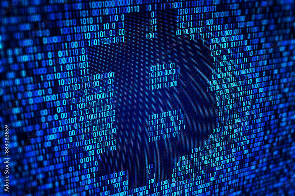Aufkleber Close-up of binary code on a digital screen, pixels, blue background, cybersecurity concept. 3D Rendering