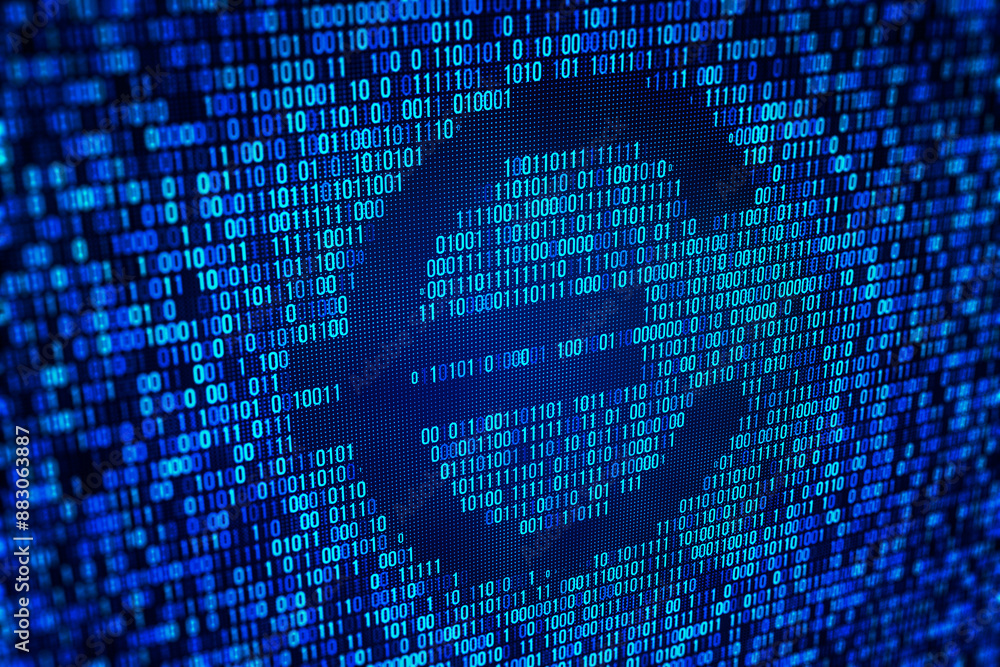 Aufkleber Digital binary code on a screen, depicting data and technology, on a dark blue background, concept of cybersecurity. 3D Rendering