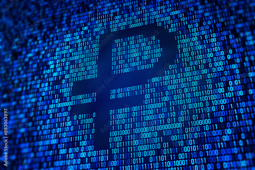 Poster A digital screen displaying blue binary code, concept of data, technology, and cyber information on a dark background. 3D Rendering