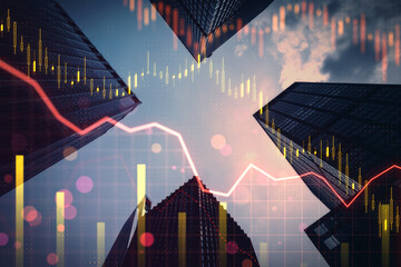 Skyscrapers with overlayed financial charts representing real estate market trends on a dusk...