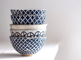 Four different blue and white patterned bowls stacked on top of each other on the shelf, in a studio photography style with soft lighting, in a product shot style, on a white background