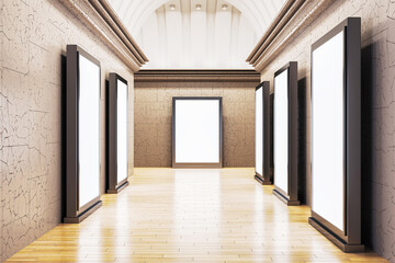 A series of blank posters on a corridor wall, wooden floor, and a concept of an art gallery exhibition. 3D Rendering