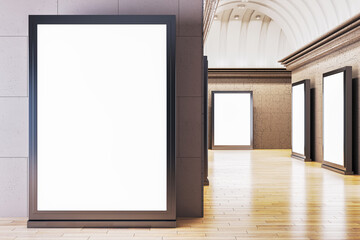 Lightbox gallery mockups in a corridor, white screens in black frames, on a wall with arches, promoting advertising concept. 3D Rendering