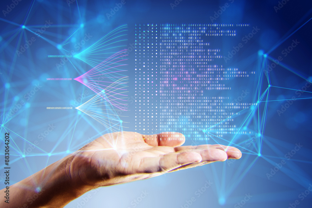 Poster A hand presenting digital binary code and network connections, with a tech-themed, creative concept on a blue background