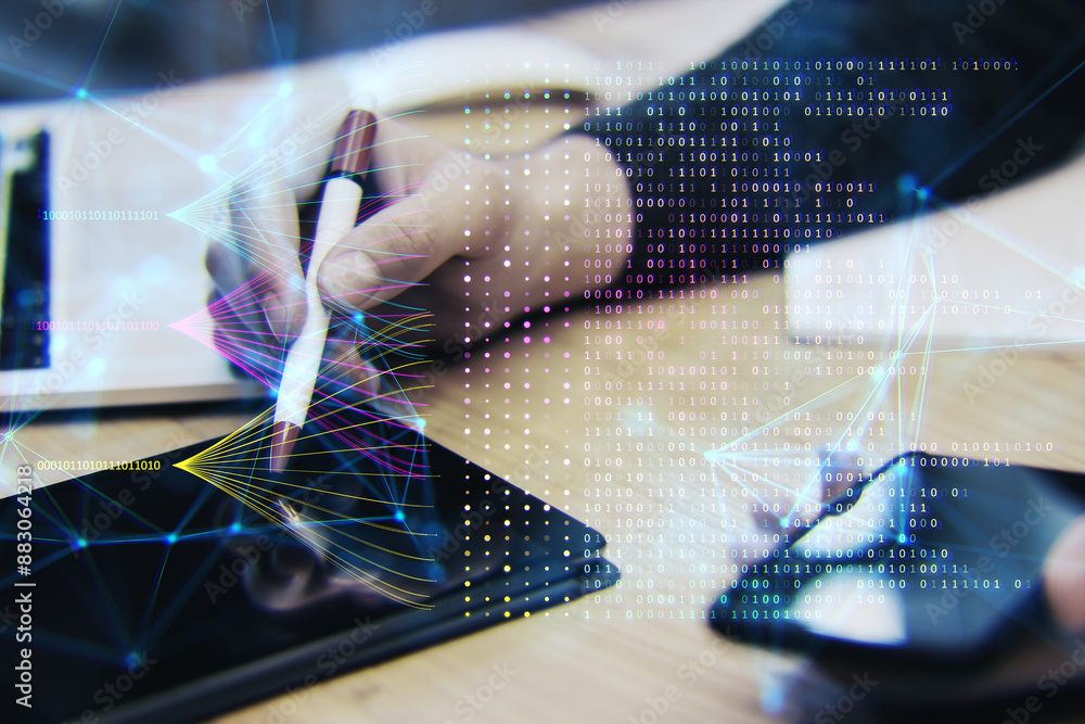 Poster A person analyzing data on a digital tablet with dynamic digital overlay, creative visual on a blurred office background, concept of data analysis