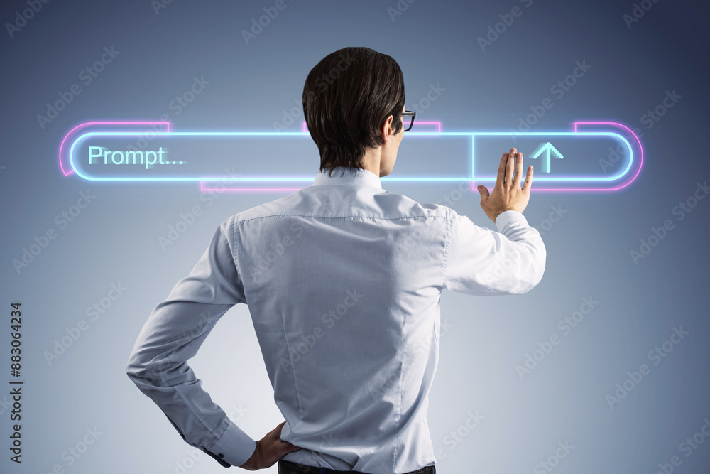 Poster a man interacting with a neon futuristic interface, with a blue and pink glowing element on a grey b