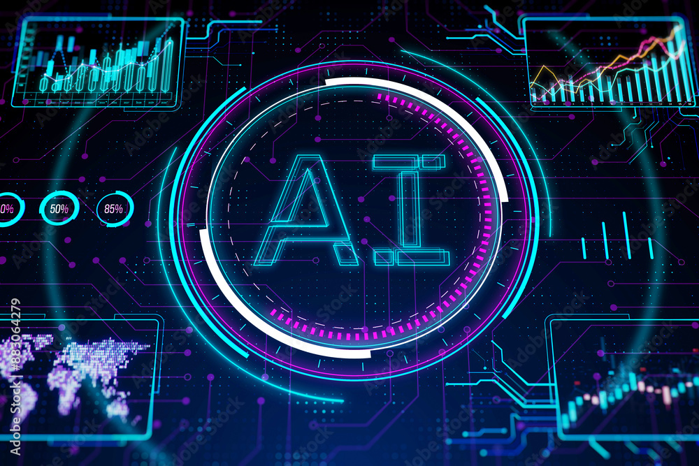 Aufkleber A futuristic artificial intelligence concept shown as AI text within a digital interface on a dark background with glowing neon lines. 3D Rendering