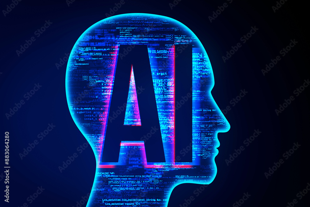 Poster Silhouette of a human head filled with binary code and the letters AI, illustrating the concept of artificial intelligence on a dark blue background. 3D Rendering
