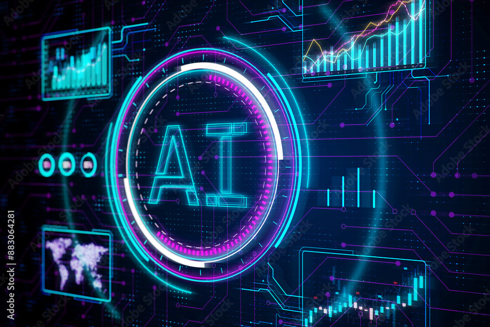 Poster An illuminated AI symbol with digital graphs on a dark circuitry background, depicting the concept of artificial intelligence. 3D Rendering