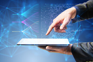 A person interacts with a futuristic interface projecting from a tablet, set against a blue digital background, embodying the concept of innovation