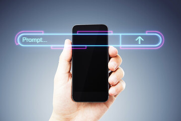 A hand holding a smartphone with a glowing neon progress bar, against a dark background, symbolizing data processing