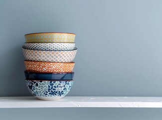 Four different colored and patterned bowls stacked on top of each other, 