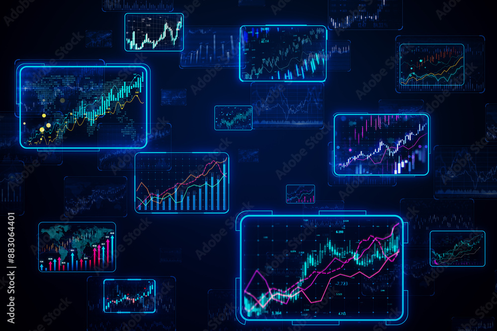 Poster floating stock market graphs with glowing lines on a dark blue background, concept of financial anal