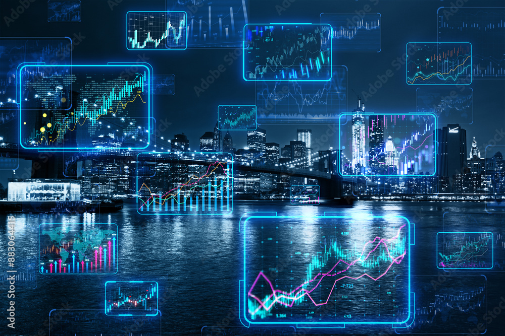 Poster an overlaid image of stock market charts on a cityscape at night with glowing blue lines representin