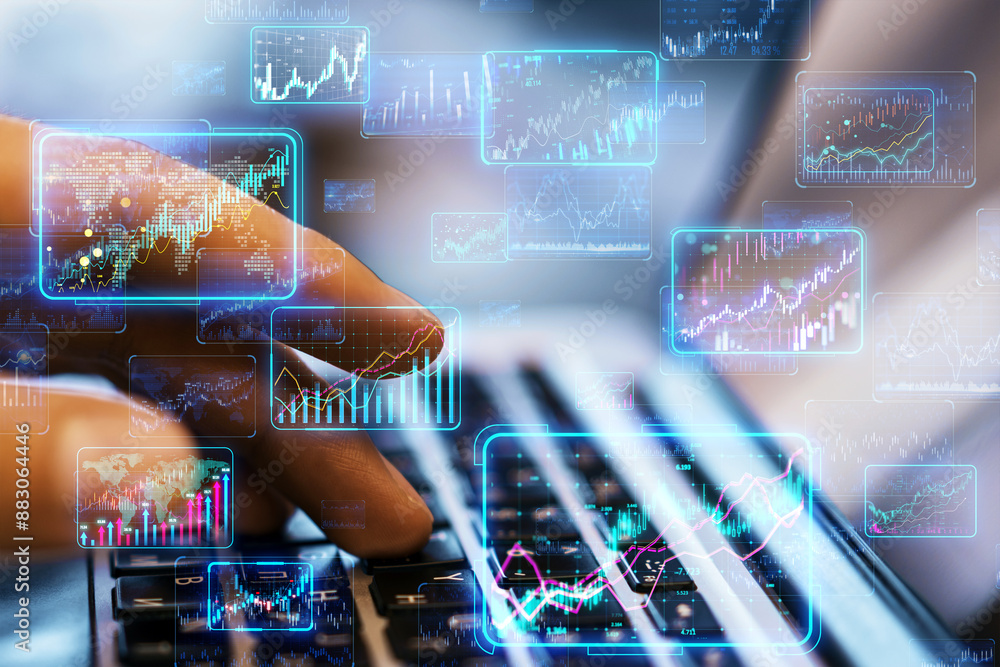 Poster a person interacting with futuristic stock market data projections, symbolizing financial analysis o