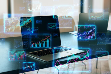 A laptop with graphs and data visualizations overlaid, depicting analytics in a double exposure style, set against an office background, concept of financial analysis