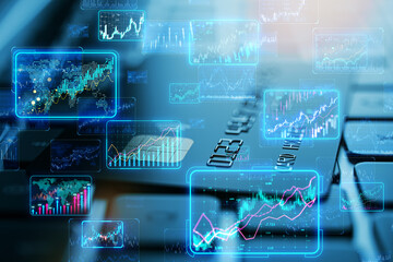 Financial graphs overlay on a tech-inspired background, depicting data analysis and stock market trends concept in blue tones