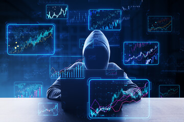 Silhouette of a person with hoodie working on a laptop, surrounded by futuristic financial graphs floating in a dark blue background, concept of cyber security and finance