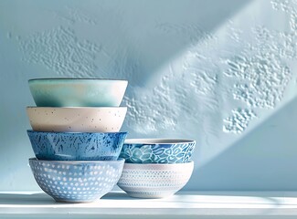 Four different colored and patterned bowls stacked on top of each other, on a white shelf, in a studio photography setting with soft lighting and blue tones against a simple background, 