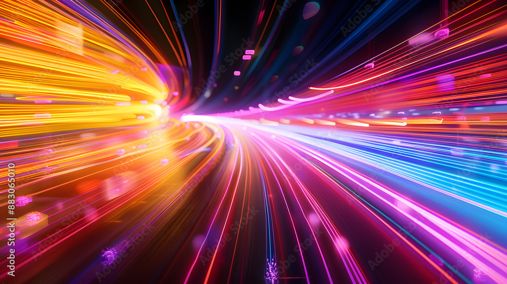Poster vivid abstract particles traveling at high speed creating a sense of fast motion and color diversity