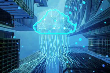 A concept illustration showing a digital brain in the form of a cloud with circuits, among high-rise buildings, on a blue background, creative double exposure effect